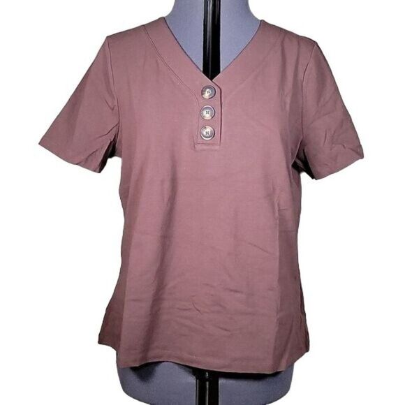 NWOT Denim & Co. Essentials Jersey Henley Top Sz XXS - Picture 1 of 11
